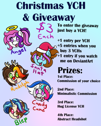 Size: 2000x2500 | Tagged: safe, artist:dawn-designs-art, oc, oc:amethyst, oc:dawn, oc:fernando, oc:film reel, oc:mirage, angel, earth pony, pegasus, pony, unicorn, :p, advertisement, bust, candy, candy cane, chibi, christmas, commission, commission info, commission open, cute, food, giveaway, hat, high res, holiday, portrait, prize, raffle, rudolph nose, santa hat, text, tongue out, writing, your character here