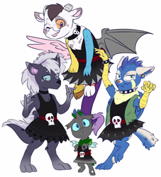 Size: 3840x4237 | Tagged: artist needed, safe, oc, oc:ash, oc:desorde, oc:izzy the changeling, oc:pit, changeling, diamond dog, draconequus, griffon, hedgehog, hybrid, clothes, crossdressing, cute, dress, female, female diamond dog, male, wings