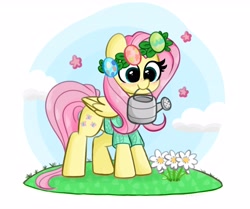 Size: 3240x2704 | Tagged: safe, artist:kittyrosie, fluttershy, pegasus, pony, g4, blushing, clothes, cloud, cute, digital art, female, floral head wreath, flower, high res, mare, mouth hold, shirt, shyabetes, smiling, solo, watering can