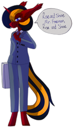 Size: 1536x2685 | Tagged: safe, artist:raya, oc, oc only, oc:red flame, bat pony, human, anthro, briefcase, business suit, clothes, commission, g-man, half-life, half-life 2, horn, humanized, pointed ears, simple background, solo, speech bubble, suit, transparent background