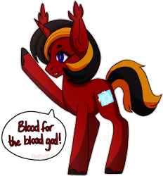Size: 1869x2015 | Tagged: safe, artist:raya, oc, oc only, oc:red flame, bat pony, pony, unicorn, blood for the blood god, holding hoof up, horn, pointed ears, side view, simple background, solo, speech bubble, standing, transparent background, warhammer (game), warhammer 40k, wingless