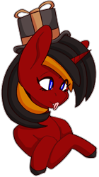 Size: 1178x2106 | Tagged: safe, artist:raya, oc, oc only, oc:red flame, bat pony, pony, unicorn, :p, commission, crossed hooves, hat, horn, pointed ears, simple background, smiling, solo, team fortress 2, tongue out, top hat, transparent background, wingless