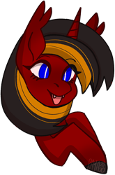 Size: 1293x1954 | Tagged: safe, artist:raya, oc, oc only, oc:red flame, bat pony, pony, unicorn, commission, fangs, hooves, horn, pointed ears, simple background, smiling, solo, tongue out, transparent background, wingless