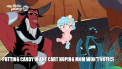 Size: 480x270 | Tagged: safe, edit, edited screencap, screencap, cozy glow, lord tirek, queen chrysalis, centaur, changeling, pegasus, pony, g4, the beginning of the end, animated, awkward, awkward moment, awkward smile, caption, gif, laughing, meme, nervous laugh, smiling