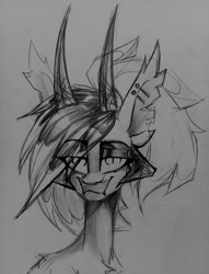 Size: 980x1280 | Tagged: safe, artist:tlen borowski, oc, oc only, oc:altered karbon, bat pony, fangs, female, horns, industrial piercing, looking at you, mare, monochrome, piercing, ponytail, sketch, slit pupils, smiling, smirk, solo, torn ear, traditional art