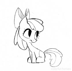 Size: 640x628 | Tagged: safe, artist:syrupyyy, apple bloom, earth pony, pony, g4, bow, female, filly, grayscale, hair bow, monochrome, pencil drawing, simple background, sketch, solo, traditional art, white background
