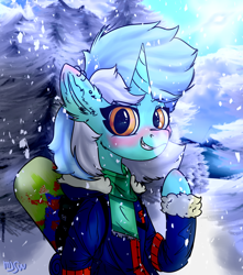 Size: 3000x3400 | Tagged: safe, artist:mjsw, lyra heartstrings, pony, unicorn, g4, clothes, female, forest, high res, mare, smiling, snow, snowboard, snowfall, winter