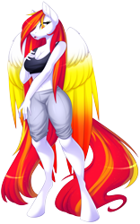 Size: 3025x4857 | Tagged: safe, artist:scarlet-spectrum, oc, oc only, oc:diamond sun, pegasus, anthro, unguligrade anthro, alternate design, alternate hairstyle, amazon, belly button, big breasts, breasts, cleavage, clothes, colored wings, commission, female, large wings, long hair, long mane, long tail, mare, midriff, multicolored wings, pants, simple background, solo, tank top, transparent background, wings