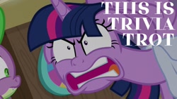 Size: 1920x1080 | Tagged: safe, edit, edited screencap, editor:quoterific, screencap, spike, twilight sparkle, alicorn, dragon, pony, a trivial pursuit, g4, female, male, mare, open mouth, ragelight sparkle, this is sparta, this is trivia trot, twilight sparkle (alicorn), winged spike, wings