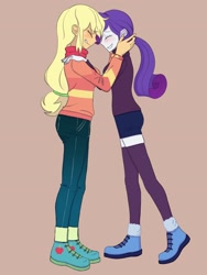 Size: 1620x2160 | Tagged: safe, artist:haibaratomoe, applejack, rarity, equestria girls, g4, blushing, boots, clothes, duo, eyes closed, female, forehead touch, lesbian, scarf, ship:rarijack, shipping, shoes, simple background, sweater, tan background
