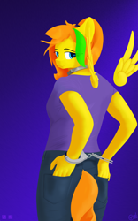 Size: 3200x5120 | Tagged: safe, artist:alicorn-without-horn, oc, oc only, oc:nova-spark, pegasus, anthro, alternate hairstyle, bondage, clothes, collar, cuffs, female, floating wings, gradient background, hairband, hand in pocket, hand on hip, jeans, looking back, pants, ponytail, purple background, shirt, simple background, solo, t-shirt, wings
