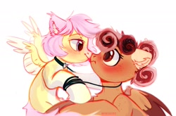 Size: 2048x1350 | Tagged: safe, artist:raily, oc, oc only, oc:hannelorakkerman, oc:margaret pie-socks, pegasus, pony, blushing, collar, freckles, leash, licking, looking into each others eyes, not fluttershy, nuzzling, pet play, tongue out