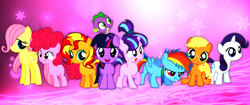 Size: 4096x1714 | Tagged: safe, artist:media1997, applejack, fluttershy, pinkie pie, rainbow dash, rarity, spike, starlight glimmer, sunset shimmer, twilight sparkle, dragon, earth pony, pegasus, pony, unicorn, g4, baby, baby spike, female, filly, filly applejack, filly fluttershy, filly pinkie pie, filly rainbow dash, filly rarity, filly starlight glimmer, filly sunset shimmer, filly twilight sparkle, looking at you, mane eight, mane nine, mane seven, mane six, unicorn twilight, vector, younger