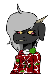 Size: 1168x1668 | Tagged: safe, artist:wata, oc, oc only, oc:alek, goat, anthro, semi-anthro, bangs, christmas, christmas sweater, clothes, derp, holiday, horizontal pupils, horns, long hair, long hair male, mexican flag, one ear down, simple background, solo, sweater