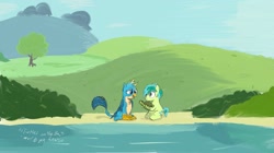 Size: 1249x700 | Tagged: safe, artist:johnerose126, gallus, sandbar, griffon, pony, turtle, g4, lake