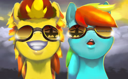 Size: 4415x2712 | Tagged: safe, artist:imadeoos, rainbow dash, spitfire, pegasus, pony, g4, :o, duo, female, goggles, grin, gritted teeth, mare, open mouth, reflection, smiling