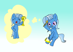 Size: 2000x1414 | Tagged: safe, artist:scribbles151, trixie, earth pony, pony, g4, :p, bipedal, earth pony trixie, eyes closed, hammer, nail, open mouth, race swap, solo, tongue out, trophy