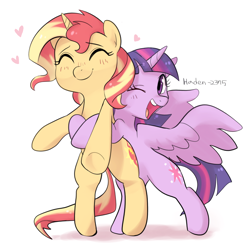 Size: 1000x1000 | Tagged: safe, artist:haden-2375, sunset shimmer, twilight sparkle, alicorn, pony, unicorn, g4, bipedal, blushing, cute, duo, eyes closed, female, floating heart, heart, hug, hug from behind, lesbian, mare, one eye closed, open mouth, shimmerbetes, ship:sunsetsparkle, shipping, simple background, smiling, spread wings, twiabetes, twilight sparkle (alicorn), weapons-grade cute, white background, wings