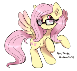 Size: 982x900 | Tagged: safe, alternate version, artist:haden-2375, fluttershy, pegasus, pony, g4, alternate cutie mark, alternate eye color, art trade, colored wings, cute, ear fluff, glasses, shyabetes, simple background, white background, wings