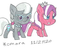 Size: 964x800 | Tagged: safe, artist:cmara, diamond tiara, silver spoon, earth pony, pony, g4, duo, female, filly, glasses, grin, jewelry, necklace, simple background, smiling, tiara, traditional art, white background