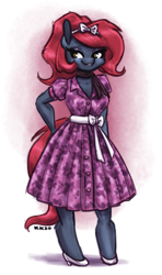 Size: 665x1120 | Tagged: safe, artist:king-kakapo, oc, oc only, oc:jessi-ka, anthro, unguligrade anthro, bow, clothes, dress, female, hair bow, high heels, shoes, smiling, solo
