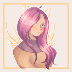 Size: 1200x1200 | Tagged: safe, artist:laismexx, fluttershy, human, g4, blushing, cute, eared humanization, hair over one eye, humanized, open mouth, shyabetes, solo, winged humanization, wings