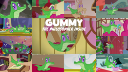 Size: 1930x1087 | Tagged: safe, edit, edited screencap, editor:quoterific, screencap, gummy, pinkie pie, alligator, reptile, castle mane-ia, g4, just for sidekicks, my little pony best gift ever, ppov, slice of life (episode), the last problem, the one where pinkie pie knows, book, collage, fireworks, gummy the deep thinker, hat, party hat