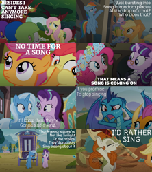 Size: 886x997 | Tagged: safe, edit, edited screencap, editor:quoterific, screencap, apple bloom, applejack, autumn blaze, fluttershy, pinkie pie, princess ember, rainbow dash, scootaloo, smolder, snowfall frost, spirit of hearth's warming presents, starlight glimmer, sweetie belle, trixie, dragon, earth pony, kirin, pegasus, pony, unicorn, a hearth's warming tail, all bottled up, g4, rarity takes manehattan, road to friendship, school daze, somepony to watch over me, sounds of silence, the cutie mark chronicles, annoyed, apple bloom's bow, applejack's hat, bag, bipedal, bow, breaking the fourth wall, covering, covering ears, cowboy hat, cutie mark crusaders, dragoness, eyes closed, female, flying, fourth wall, hair bow, hat, helmet, implied twilight sparkle, no time for a song, open mouth, present, saddle bag, train, train station, y pose