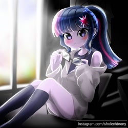 Size: 1200x1200 | Tagged: safe, artist:sholechbrony, sci-twi, twilight sparkle, equestria girls, g4, adorasexy, blushing, clothes, cute, female, glasses, holding, legs, schrödinger's pantsu, sexy, socks, solo, twiabetes, window