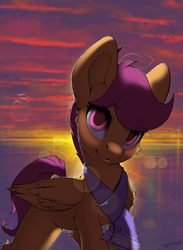 Size: 2342x3203 | Tagged: safe, artist:skitsroom, scootaloo, pegasus, pony, g4, backlighting, clothes, eye clipping through hair, female, filly, high res, looking at you, scarf, smiling, solo, sunset