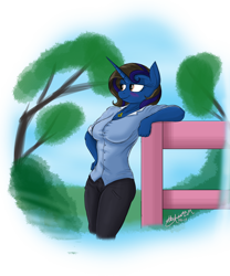 Size: 1600x1926 | Tagged: safe, artist:alexlive97, oc, oc only, oc:alyx live, unicorn, anthro, 2016, bedroom eyes, blushing, buttons, chillaxing, clothes, confident, curvy, female, fence, hand on hip, horn, jeans, jewelry, necklace, pants, relaxing, rule 63, simple background, solo, standing, transparent background, unicorn oc