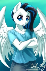 Size: 400x619 | Tagged: safe, artist:starshinebeast, oc, oc only, pegasus, anthro, black and blue, blue and black, blue eyes, clothes, crossed arms, female, jeans, large wings, looking at you, mare, pants, pegasus oc, shirt, solo, standing, wings