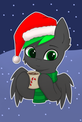 Size: 1365x2048 | Tagged: safe, artist:keupoz, oc, oc only, oc:bytewave, pegasus, pony, bust, cheek fluff, chocolate, christmas, clothes, commission, ear fluff, food, hat, holiday, hot chocolate, santa hat, scarf, snow, snowfall, solo, striped scarf
