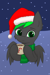 Size: 1365x2048 | Tagged: safe, alternate version, artist:keupoz, oc, oc only, oc:bytewave, pegasus, pony, bust, cheek fluff, chocolate, christmas, clothes, commission, ear fluff, food, hat, holiday, hot chocolate, santa hat, scarf, snow, snowfall, solo, striped scarf