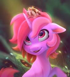 Size: 1866x2048 | Tagged: safe, artist:imalou, oc, oc only, oc:dawnfire, frog, pony, unicorn, crown, cute, detailed, ear fluff, female, jewelry, looking up, mare, open mouth, raised hoof, regalia, sitting, smiling