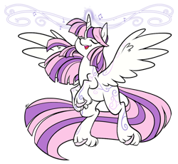 Size: 864x794 | Tagged: safe, artist:egophiliac, oc, oc only, oc:arcane aria, alicorn, pony, alicorn oc, bipedal, female, horn, magic, music notes, rearing, simple background, singing, solo, spread wings, transparent background, unshorn fetlocks, wings