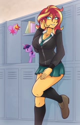 Size: 1304x2019 | Tagged: safe, artist:ambris, sunset shimmer, twilight sparkle, equestria girls, g4, blushing, breasts, busty sunset shimmer, cleavage, clothes, commission, female, implied lesbian, implied shipping, implied sunsetsparkle, jewelry, legs, lockers, necklace, plushie, school uniform, schrödinger's pantsu, shoes, skirt, socks, teenager