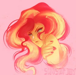 Size: 1280x1255 | Tagged: safe, artist:sinsofjoy, sunset shimmer, equestria girls, g4, bare shoulders, beautiful, flowing hair, looking at you, nail polish, painted nails, sexy, signature, simple background, solo