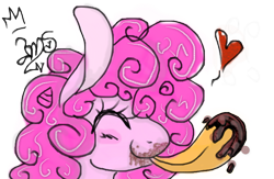 Size: 664x434 | Tagged: safe, artist:amgiwolf, pinkie pie, earth pony, pony, g4, bust, eyelashes, eyes closed, female, floating heart, heart, mare, signature, simple background, smiling, solo, tongue out, transparent background