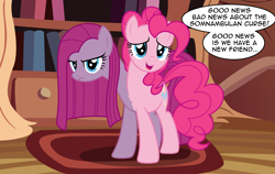 Size: 3511x2215 | Tagged: safe, artist:badumsquish, derpibooru exclusive, pinkie pie, monster pony, original species, pony, g4, aftermath, angry, annoyed, conjoined, curse, cursed, dialogue, female, frown, glare, golden oaks library, high res, implied twilight sparkle, multiple heads, multiple tails, offscreen character, open mouth, pinkamena diane pie, raised eyebrow, self ponidox, somnambulan curse, species swap, speech bubble, tail, talking to viewer, transformation, two heads, two tails, two toned coat, unamused, window