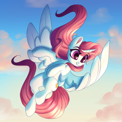 Size: 6000x6000 | Tagged: safe, artist:faline-art, princess celestia, alicorn, pony, g4, cloud, eye clipping through hair, female, flying, pink-mane celestia, sky, smiling, solo, spread wings, wings, younger