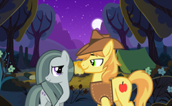 Size: 2064x1281 | Tagged: safe, anonymous artist, braeburn, marble pie, g4, braeble, brokeback mountain, campfire, camping, female, flower, forest, hill, looking at each other, male, moon, mountain, movie reference, night, outdoors, romance, scenery, shipping, smiling, stars, straight, tent, this will end in love, tree, youtube link