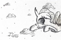 Size: 1288x847 | Tagged: safe, artist:johnerose126, ocellus, changedling, changeling, g4, flying, monochrome, sketch, solo, traditional art