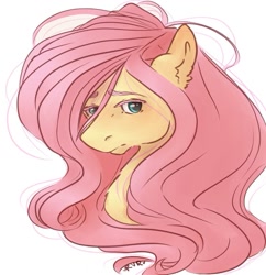Size: 745x769 | Tagged: safe, artist:rrrover, fluttershy, pegasus, pony, g4, bust, ear fluff, eyebrows, female, looking at you, mare, portrait, simple background, solo, stray strand, three quarter view, white background
