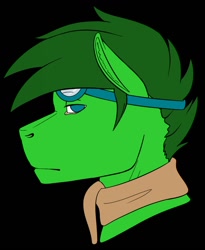 Size: 1048x1280 | Tagged: safe, artist:imreer, oc, oc only, earth pony, anthro, black background, bust, clothes, earth pony oc, goggles, male, scarf, simple background, solo