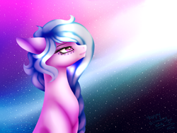 Size: 1400x1050 | Tagged: safe, artist:minelvi, oc, oc only, earth pony, pony, braid, earth pony oc, eyelashes, signature, solo, space