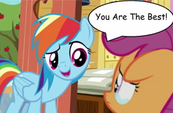 Size: 2949x1930 | Tagged: safe, edit, edited screencap, screencap, rainbow dash, scootaloo, pegasus, pony, g4, the last crusade, best pony, clubhouse, crusaders clubhouse, crying, dialogue, female, filly, floppy ears, open mouth, scootalove, speech bubble