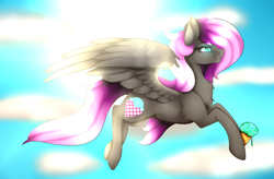 Size: 1600x1050 | Tagged: safe, artist:minelvi, oc, oc only, oc:cream cloud, pegasus, pony, chest fluff, cloud, eyelashes, flying, food, hoof hold, ice cream, ice cream cone, outdoors, pegasus oc, smiling, solo, wings