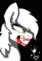 Size: 609x879 | Tagged: safe, artist:amgiwolf, oc, oc only, earth pony, pony, black background, blood, bust, earth pony oc, eyelashes, grin, signature, simple background, smiling, solo