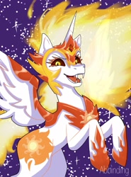 Size: 1516x2048 | Tagged: safe, artist:abbinding_, daybreaker, alicorn, pony, g4, eyelashes, fangs, female, hoof shoes, mane of fire, mare, open mouth, peytral, rearing, solo, stars